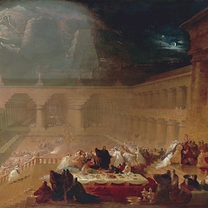 May include: An oil painting depicting a grand architectural scene with numerous figures. The artwork features a large, open courtyard with columns, a table, and a dramatic sky with lightning and a moon. The color palette is dominated by warm tones.