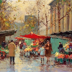The Flower Market at la Madeleine Painting by Edouard Leon Cortes Reproduction
