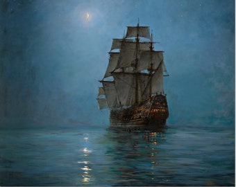 Stretched Canvas - The Crescent Moon Painting by Montague Dawson - Sailing Ships Reproduction Giclee