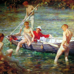 May include: A painting of five young men in a boat on a sunny day. The men are all shirtless and are either swimming or in the boat. The boat is a wooden rowboat with a blue hull. The water is a bright turquoise color and the sky is a clear blue. The painting is done in a realistic style.