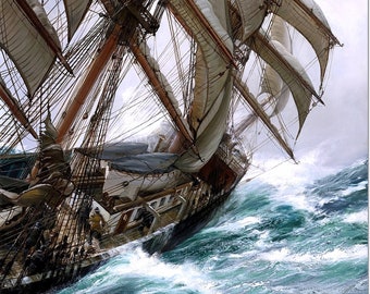 Stretched Canvas - Wind in the Rigging Painting by Montague Dawson - Sailing Ships Reproduction Giclee