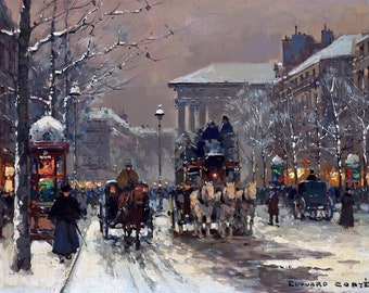 エドゥアール・レオン・コルテスによるパリの冬の街の風景画の