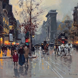 Stretched Canvas - La Porte Saint-Denis Paris Painting by Edouard Leon Cortes - Street Scenes Reproduction Giclee
