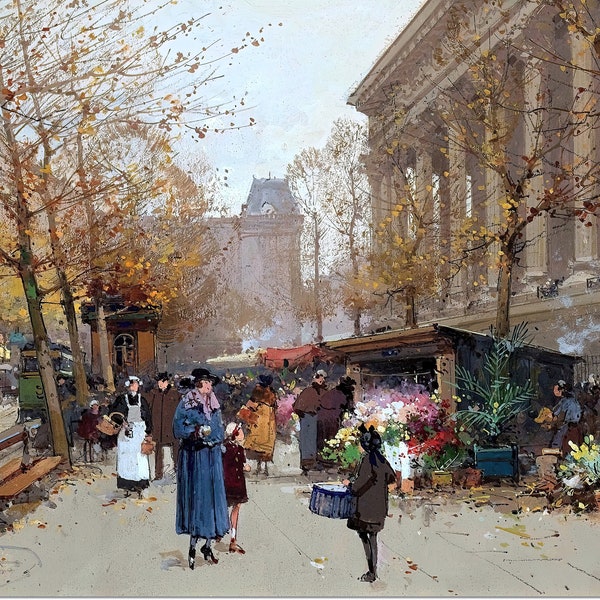 Stretched Canvas - Flower Market, La Madeleine Painting by Eugene Galien-Laloue - Street Scenes Reproduction Giclee