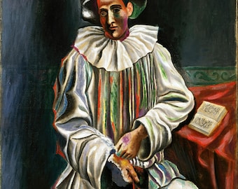 ピカソ、仮面をつけたピエロ、リネンキャンバスに油絵複製、仮面をつけ