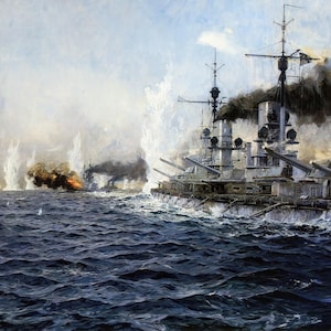 German Battleship SMS Markgraf British Fleet Battle of Jutland Painting by Claus Bergen Reproduction