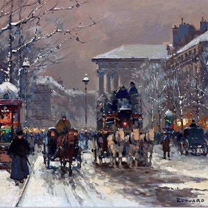 Stretched Canvas - Paris Winter Street Scene Painting by Edouard Leon Cortes - Street Scenes Reproduction Giclee