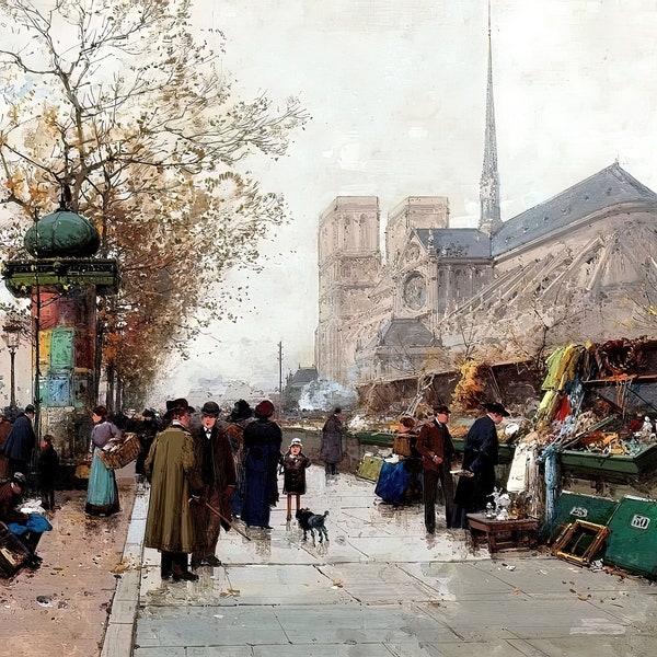 Booksellers on the Quai de Tournelle, Paris Painting by Eugene Galien-Laloue Reproduction