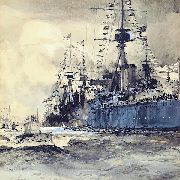 Una flota de submarinos pasando por el HMS Dreadnought Pintura de Charles Edward Dixon Reproducción