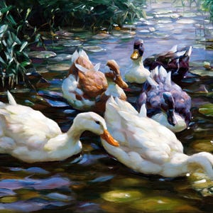 May include: An oil painting depicting a group of ducks swimming in a pond. Two white ducks with orange bills are in the foreground, while brown, white, and dark-coloured ducks swim among green lily pads and white flowers in the water.