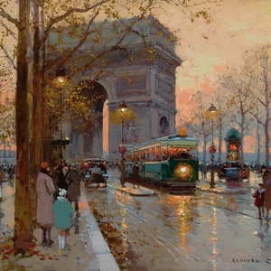 Stretched Canvas - Arc de Triomphe and Avenue Friedland Painting by Edouard Leon Cortes - Street Scenes Reproduction Giclee