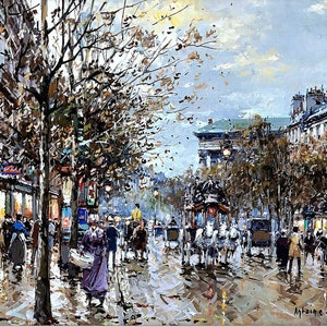 Stretched Canvas - Boulevard de la Madeleine Paris Painting by Antoine Blanchard - Street Scenes Reproduction Giclee