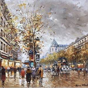 Stretched Canvas - Les Grands Boulevards, Paris Painting by Antoine Blanchard - Street Scenes Reproduction Giclee