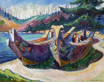 First Nations War Canoes in Alert Bay Painting by Emily Carr Art Reproduction