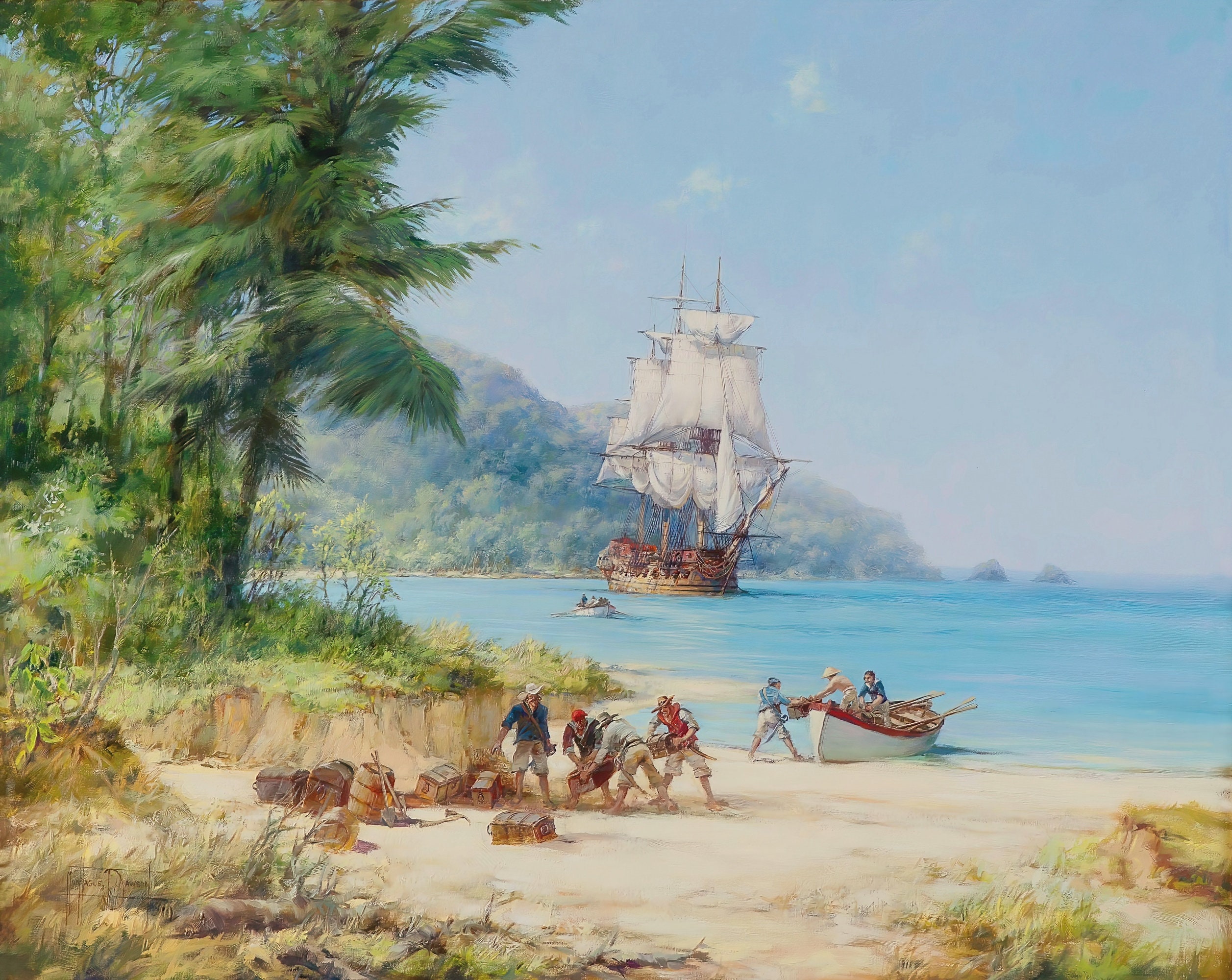 Henry Morgans Ship off Gorgona in the Pacific Painting by Montague Dawson Reproduction