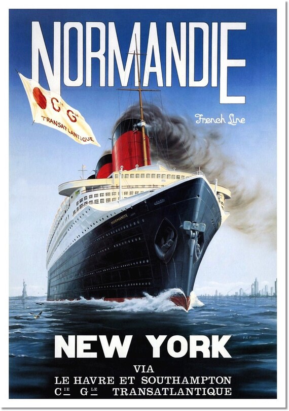 NORMANDIE TRANSATLANTIC SHIP TRAVEL FRENCH LINE LE HAVRE-NEW YORK  POSTER REPRO 