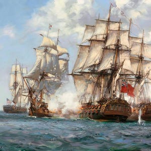 Engagement zwischen Mediator, drei französische und zwei amerikanische Schiffe Gemälde von Montague Dawson Reproduktion