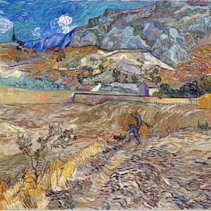 Stretched Canvas - Landscape at Saint Remy (Enclosed Field with Peasant) Painting by Vincent van Gogh - Famous Painters Reproduction Giclee