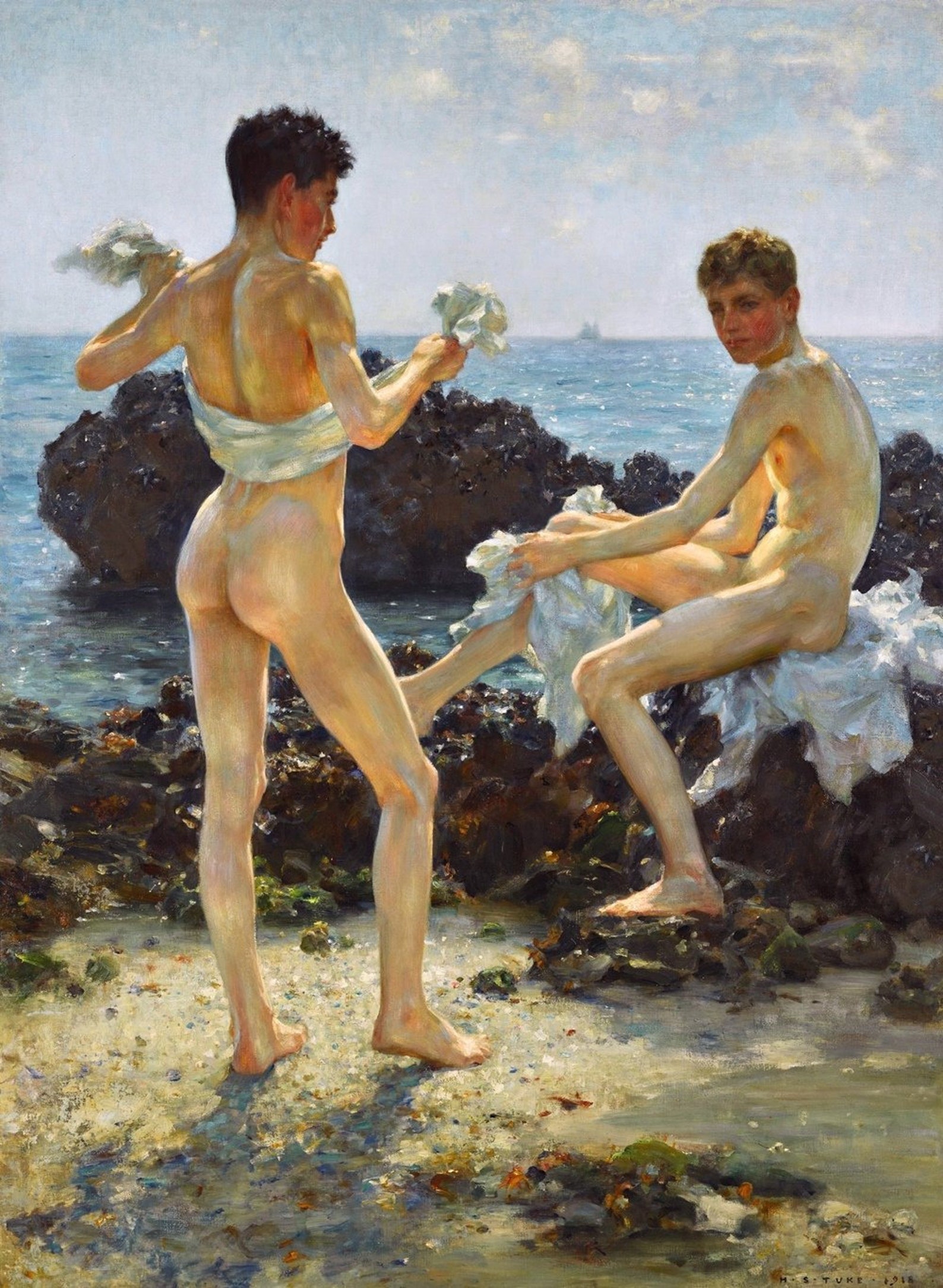 Oil Painting Henry Scott Tuke Gay Nude Young Boys Swimming Dog Three Companions Paintings Art