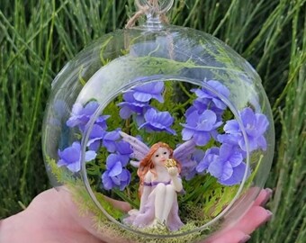 Fairy Garden, Fairy Ornament, Hanging Glass Globe with Fairy (Large)