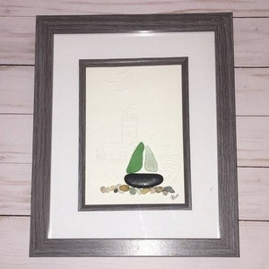 Stone Art Picture, Lighthouse Stone Art, Embossed Lighthouse Art, Nautical Pebble Art, Stone and Sea Glass Art, Wall Decor