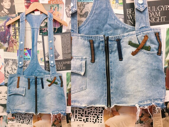 Vintage 1990s Distressed Patchwork Denim Pinafore