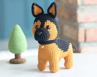 Patron de berger allemand au crochet - Amigurumi Dog PDF - Instructions multilingues (en, fr, de, es).