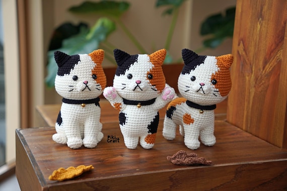 三毛猫のかぎ針編み編みぐるみパターン：3in1の子猫（PDFパターン