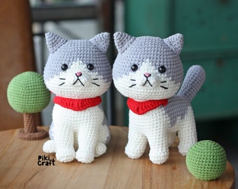 アンティーク　編み物ねこ　海外輸出用　里帰りっ子　ゼンマイ式 編みぐるみ二色猫かぎ針編みパターン：立っている猫と座っている猫