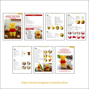 May include: Crochet pattern for making a Winnie the Pooh amigurumi toy. The pattern includes instructions for the head, ears, snout, red t-shirt, arms, legs, and body. The pattern is available in both yellow and red color options.