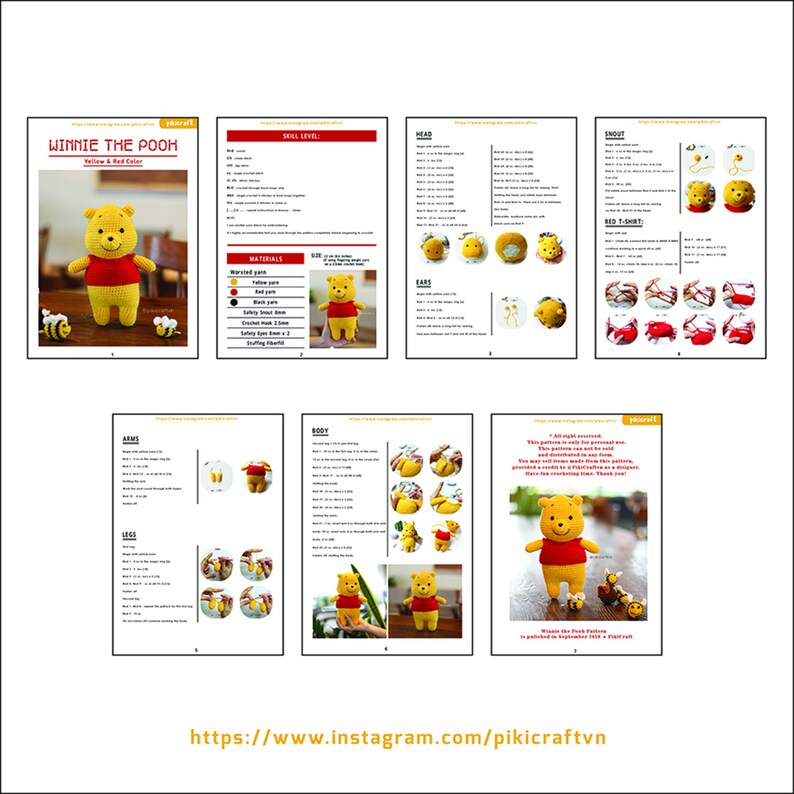 May include: Crochet pattern for making a Winnie the Pooh amigurumi toy. The pattern includes instructions for the head, ears, snout, red t-shirt, arms, legs, and body. The pattern is available in both yellow and red color options.