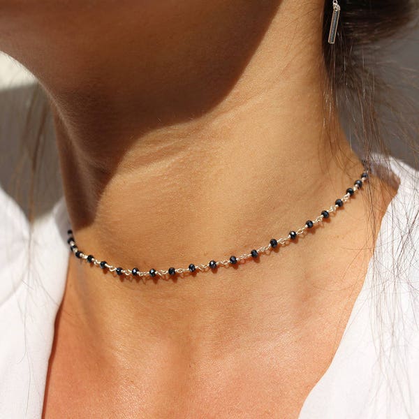 Rosary gem choker necklace - stone necklace - black beaded necklace - sterling silver chain choker - stackable -Simple Choker -Dainty Choker
