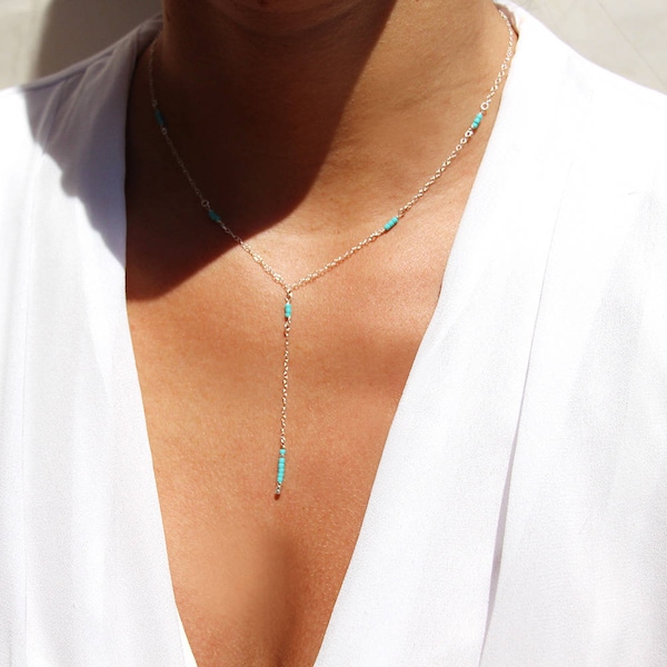 Collier sautoir long Y - Collier pierres de turquoise - chaîne argent massif 925 - collier lasso - collier cravate -collier perles turquoise