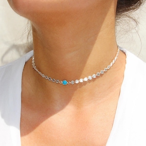 Coin choker necklace - trendy tattoo chain choker - sterling silver choker - Mini coins necklace - circles choker - turquoise stone choker