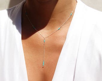 Sterling silver Lariat necklace Y - Simple Y Necklace - Minimalist lariat necklace - turquoise necklace - beaded necklace - layered necklace