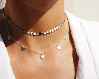 Set of 2 sterling silver necklaces - Choker necklace - Silver Chain - Disc necklace - Boho necklace - layered necklace - silver layered
