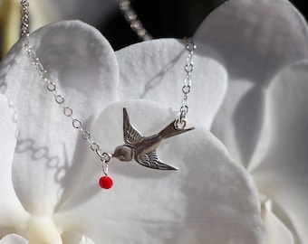 Collier oiseau hirondelle en argent massif 925 - cristaux de verre rouge -bijou élégant et romantique -bijoux oiseau