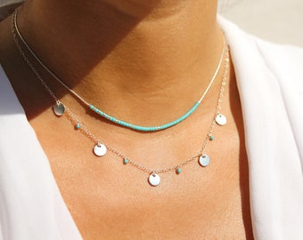 Set of 2 sterling silver Necklaces - Coin necklace - Silver Disc Necklace - Turquoise stone beads - Turquoise and silver - Blue - Layered