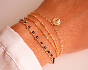 Christmas Gift - Set of 3 Gold Plated bracelet - Black beads bracelet - Gold bracelet - Thin bracelet - Minimal - Beaded Bracelet - Satelite