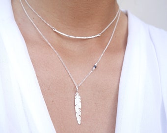 Lot de 2 colliers Boho en argent 925 - Collier plume argent - Chaîne argent - pendentif plume - bohème-chic - Boho - collier empilable