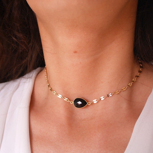 Collier choker ras du cou - Pierre Onyx noir - Goutte - chaîne à maillons large plaqué or - collier doré - collier court - Tour de cou