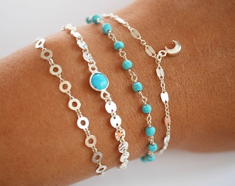 Set of 4 925 silver and Turquoise Stone bracelets - Stackable thin bracelets - Turquoise stone bracelet - Moon - circles - Boho-chic