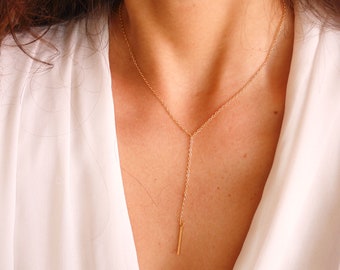 Christmas Gift - Gold Plated Lariat necklace Y - Simple Y Necklace - Minimalist lariat necklace - Thin Bar necklace - Layered