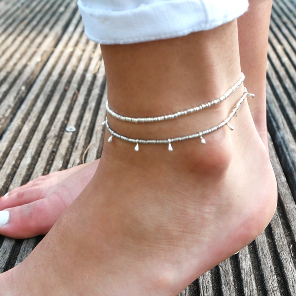 Lot de 2 Bracelets de cheville chaîne argent - bracelet de pied Boho - bijoux ethnique - gouttes argent - bracelet de pied été plage -bohème