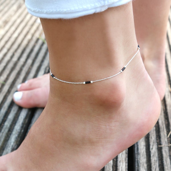 Sterling silver everyday anklet - Black and silver - Ankle bracelet beach - anklet beach jewelry - delicate thin anklet - black ankle foot