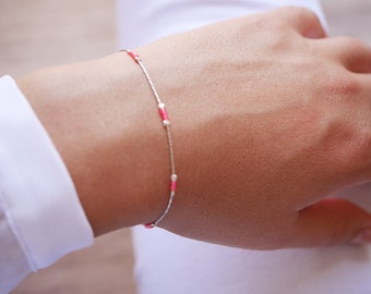 Bracelet minimaliste argent 925 bijoux /ét/é blanc et argent perles miyuki blanches bracelet ultra fin Bijoux mariage demoiselle dhonneur chaine serpent argent