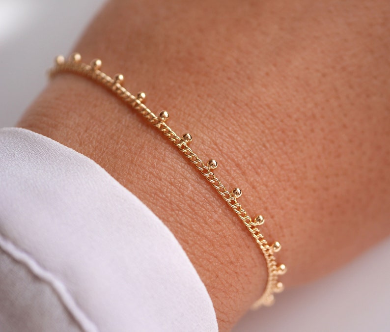 Gold Plated Balls Chain bracelet Woman Curb bracelet Gold bracelet Thin bracelet Minimal Thin Ball Stackable Wedding Jewelry image 5