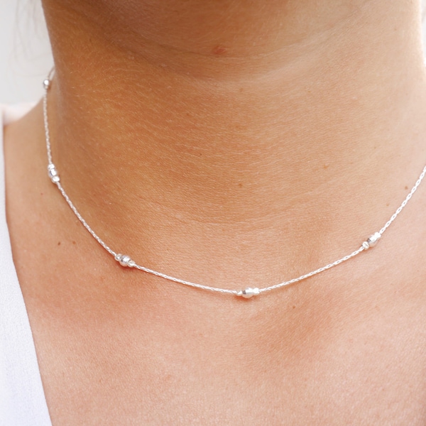 Sterling silver chain choker - silver snake chain - beaded necklace - thin choker necklace - silver beads necklace - minimalist