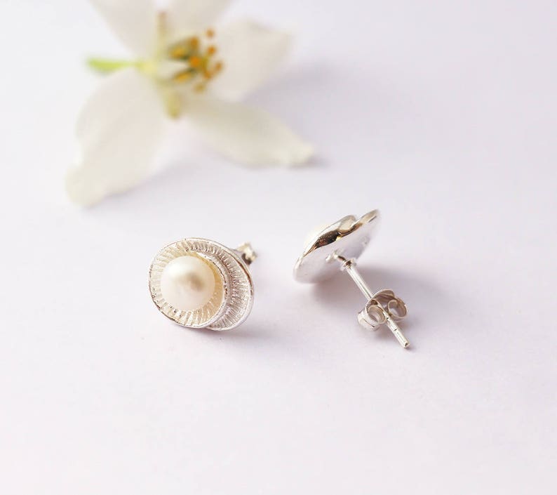 Mother's day gift-sterling silver rose chip earrings 925 and Pearl freshwater pearlesy white image 4