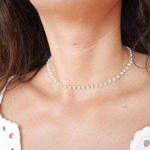 Gold plated Rosary chain choker - Minimalist Gold plated chain necklace - White Glass Beads Chocker -stackable necklace -White Gold Necklace